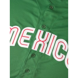 Men's Vintage Mexico Baseball Jersey - Green & White Retro Design, Moisture-Wicking Polyester, V-Neck, Short Sleeve, Button-Up Front for Sports, Parties & Casual Wear