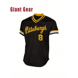 Men's #8 Black Baseball Jersey - Breathable Polyester V-Neck Loose Fit with Embroidered Number 8 & Golden Accents, Machine Washable for Team Sports, Training, Casual Outings (Sizes S-3XL)
