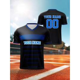 1pc Customizable Kids Football Jersey - Polyester V-Neck Soccer Shirt with Personalized Name & Number, Medium Stretch, All-Over Print, Casual Sports Top for Boys & Girls, Perfect for Training, Beach, Weekend - Knit Fabric, Regular Fit