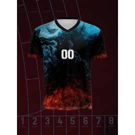 1pc Customizable V-Neck Soccer Jersey for Kids - 100% Polyester, All-Over Print, Personalized Name & Number, Medium Stretch, Regular Fit, for Boys & Girls, Ideal for Sports, Casual Wear, Training, Beach, Birthday - Spring/Summer/Fall