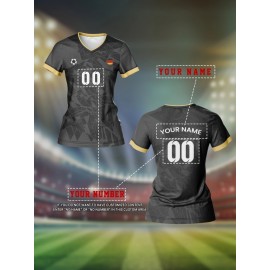 Customizable Women'S V-Neck Soccer Jersey - Personalized Name & Number, Breathable Quick-Dry Fabric for Team Training, Fitness & Casual Wear, Black with Red & White Design, Spring/Summer/Fal