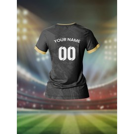 Customizable Women'S V-Neck Soccer Jersey - Personalized Name & Number, Breathable Quick-Dry Fabric for Team Training, Fitness & Casual Wear, Black with Red & White Design, Spring/Summer/Fal
