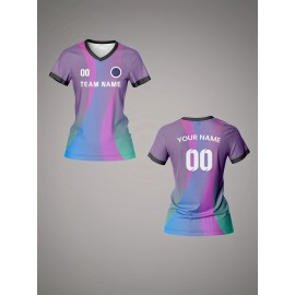 Customizable Women'S V-Neck Soccer Jersey - Personalized Team Name & Number, Breathable Quick-Dry Fabric for Training, Fitness & Casual Wear, Colorful Striped Design with Heart Rate Monitor, Seasonal Versatile Top|Sport Specific Apparel|Comfortable Fi