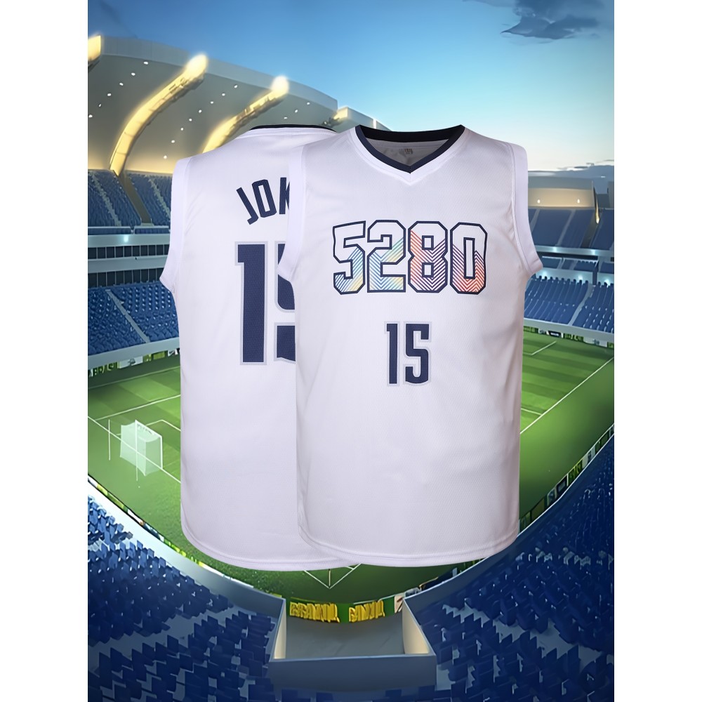 Men's #15 White Basketball Jersey - V-Neck, Breathable Polyester, 